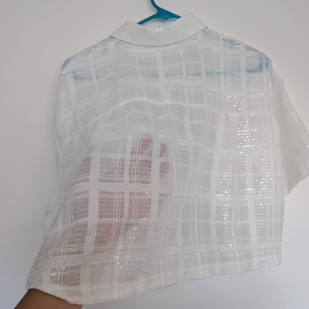 White Sequin Sheer Plaid Button Down Collar Blouse - Picture 5 of 6